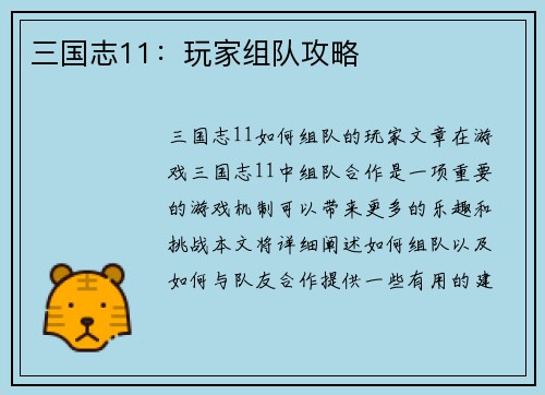 三国志11：玩家组队攻略